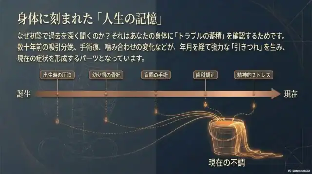 誕生から現在に至るまでの過去のトラブルが、年月を経て現在の不調に繋がる過程の図解