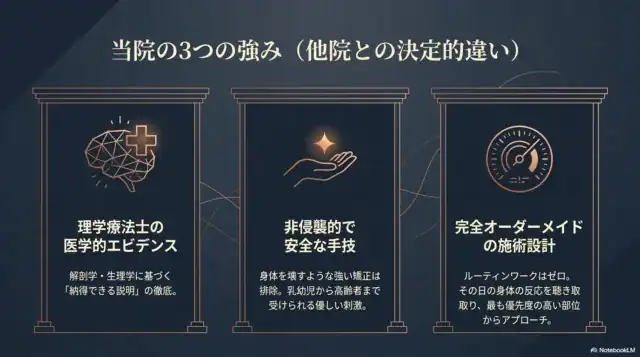当院の強みとして、医学的根拠、安全な手技、オーダーメイドの施術設計の3点を提示