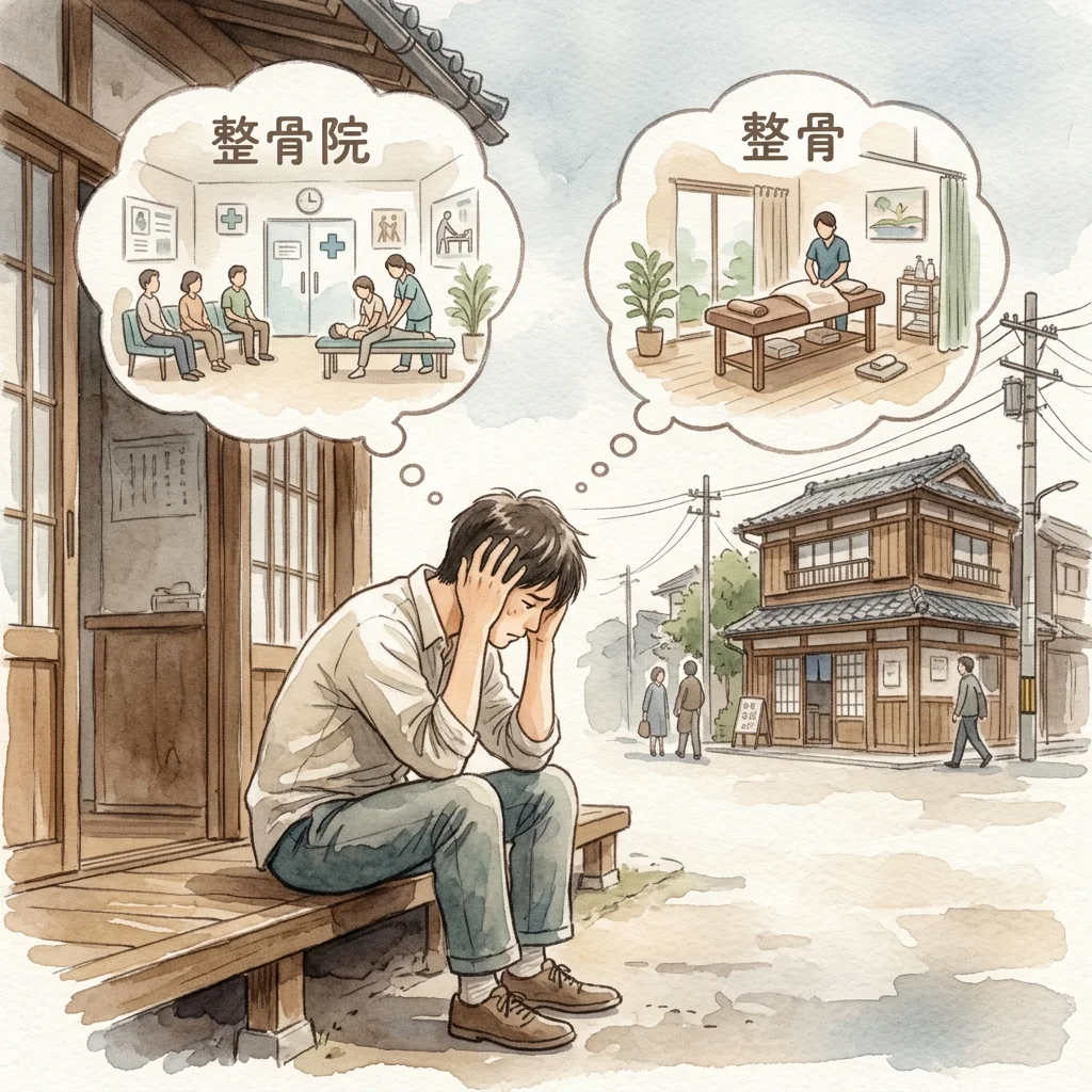 整骨院と整体院の選び方に悩む日本人のイラスト