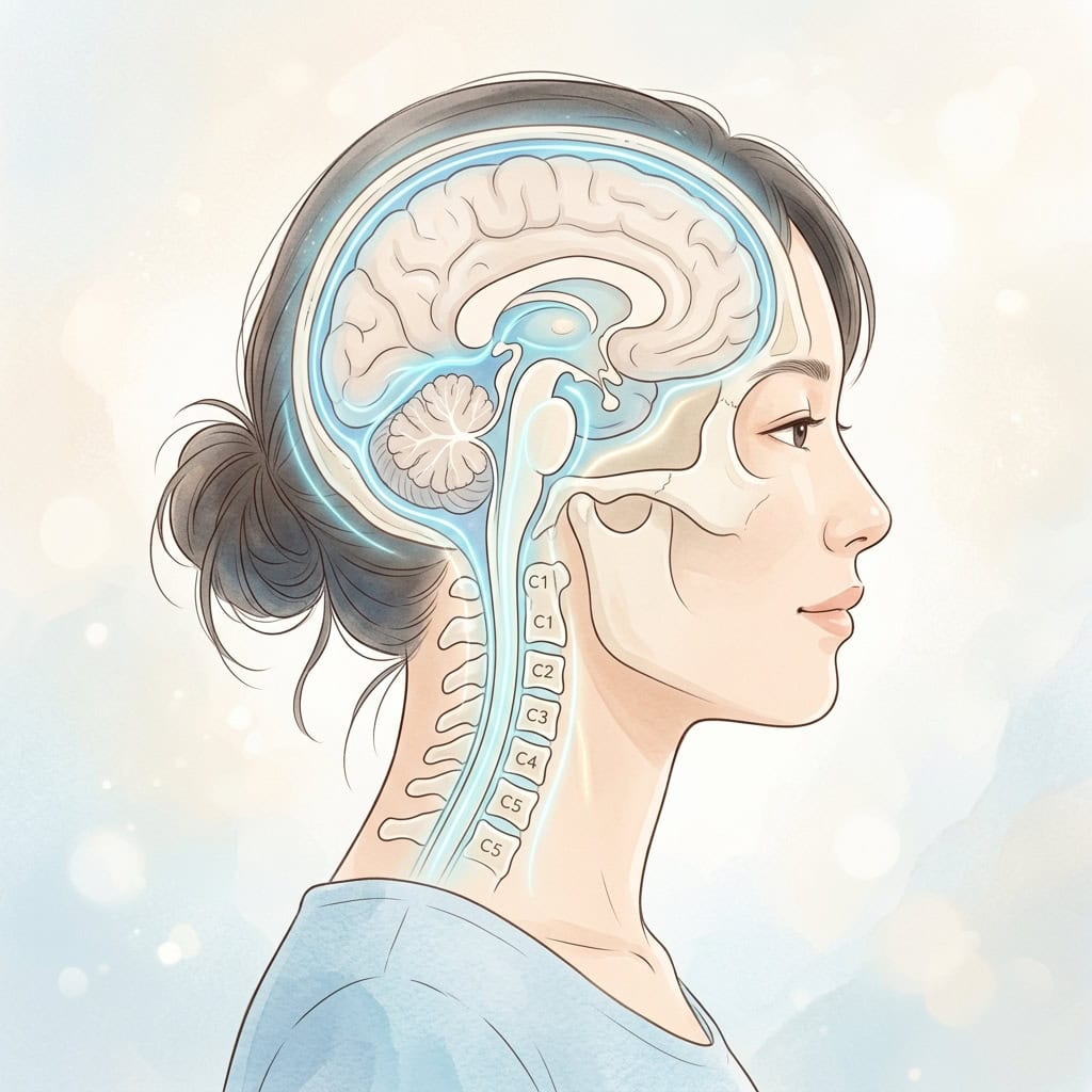 頭蓋骨の微小な動きと脳脊髄液の循環を説明する概念図