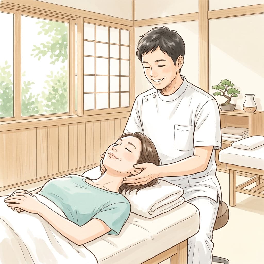 頭蓋仙骨療法（クラニオセイクラル）で頭に優しく触れるオステオパシー施術イメージ