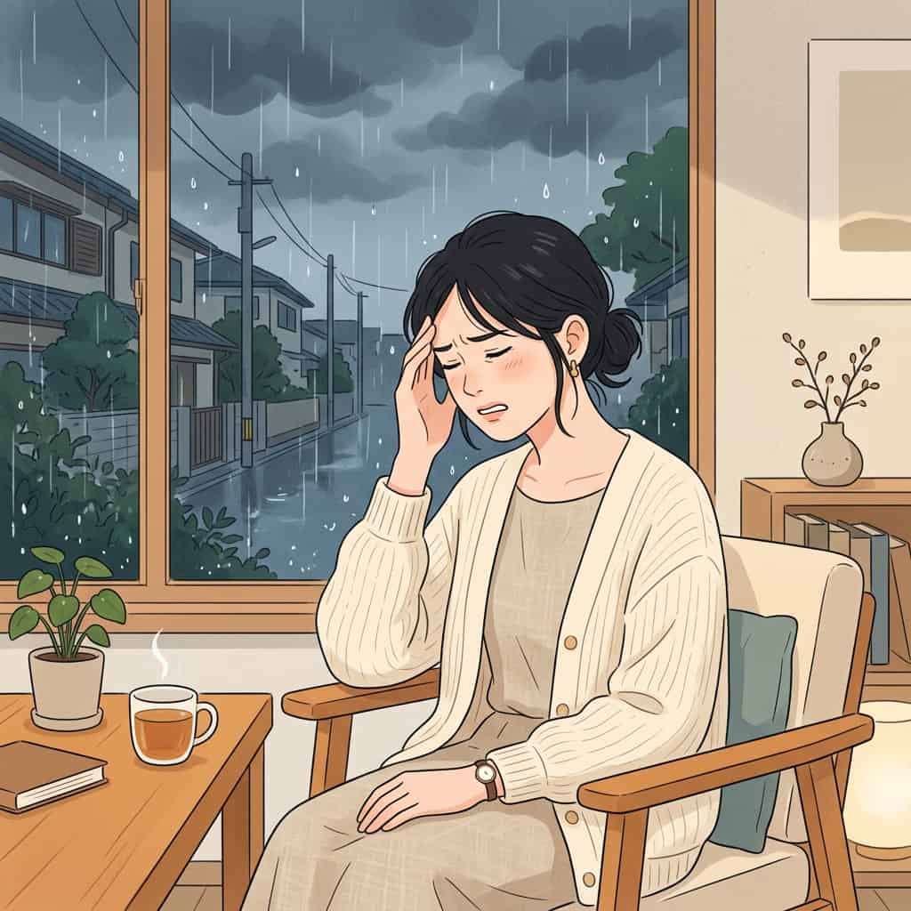 お天気頭痛に悩む女性が青空の下で回復するイメージイラスト