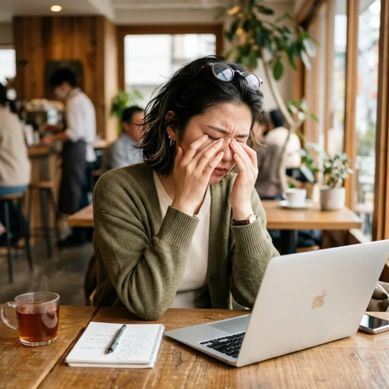 20代女性のパソコン作業による眼精疲労と目の奥の痛み共感イメージ