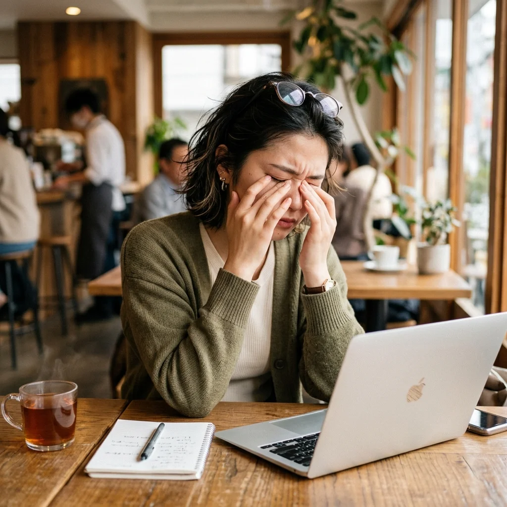 20代女性のパソコン作業による眼精疲労と目の奥の痛み共感イメージ
