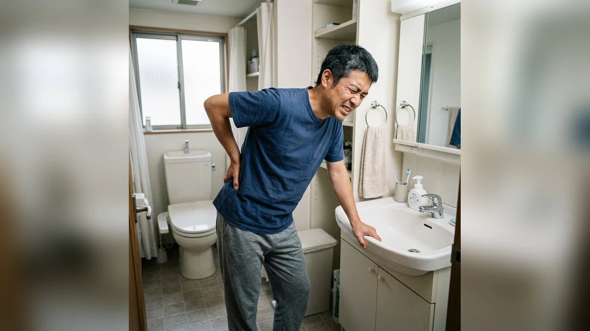 洗面所で中腰になり腰の激痛に苦しむ日本人男性