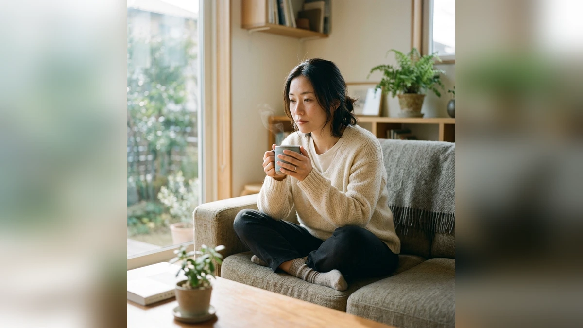 室内で手の冷えを感じ温かいカップを両手で包む日本人女性