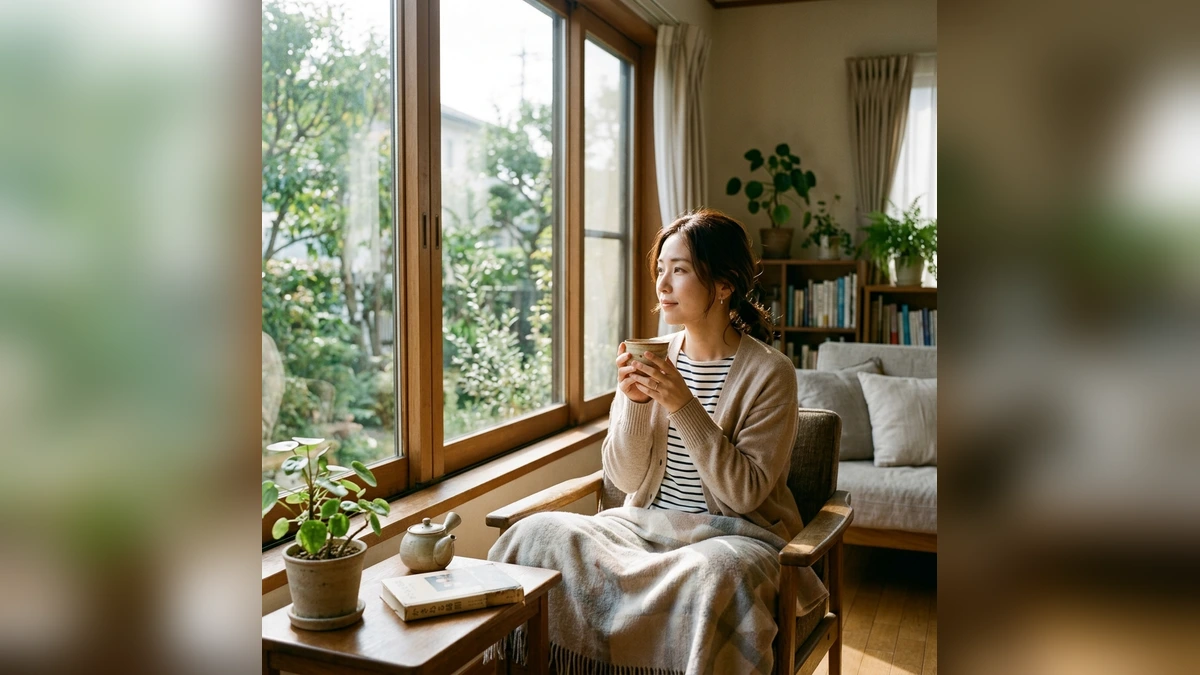 窓辺で手元を見つめ気持ちを整理する日本人女性