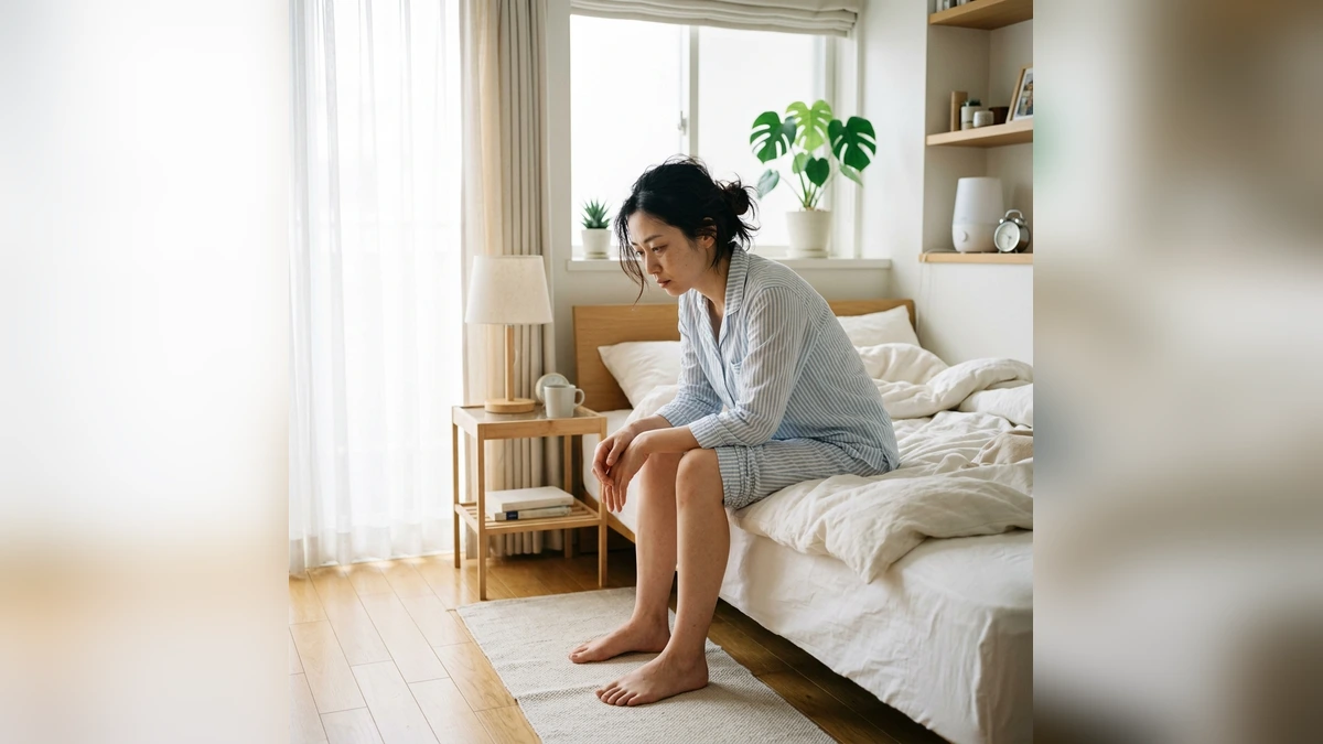ベッドの端に座り不眠と全身のだるさに悩む日本人女性