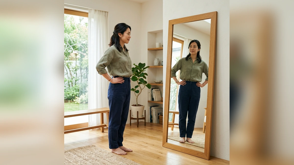 鏡の前で骨盤周囲の左右差と腰の違和感を気にする日本人女性