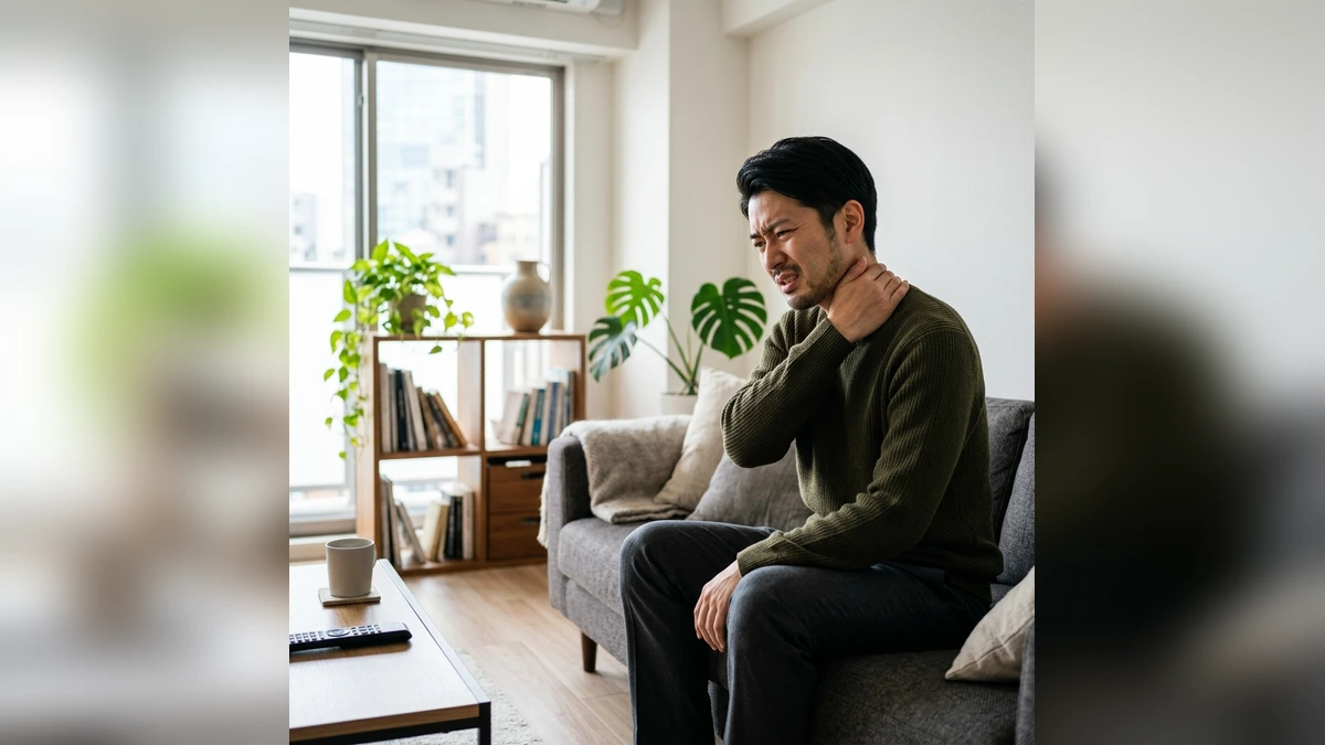 首の後ろを押さえて怪我の不調に不安を感じる日本人男性