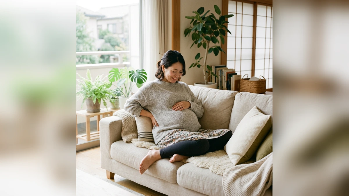 お腹に手を添えて腰の負担を感じる妊婦の日本人女性