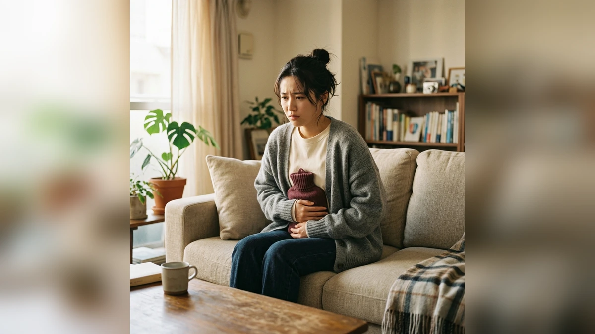 ソファでお腹を抱えて痛みに耐える若い日本人女性