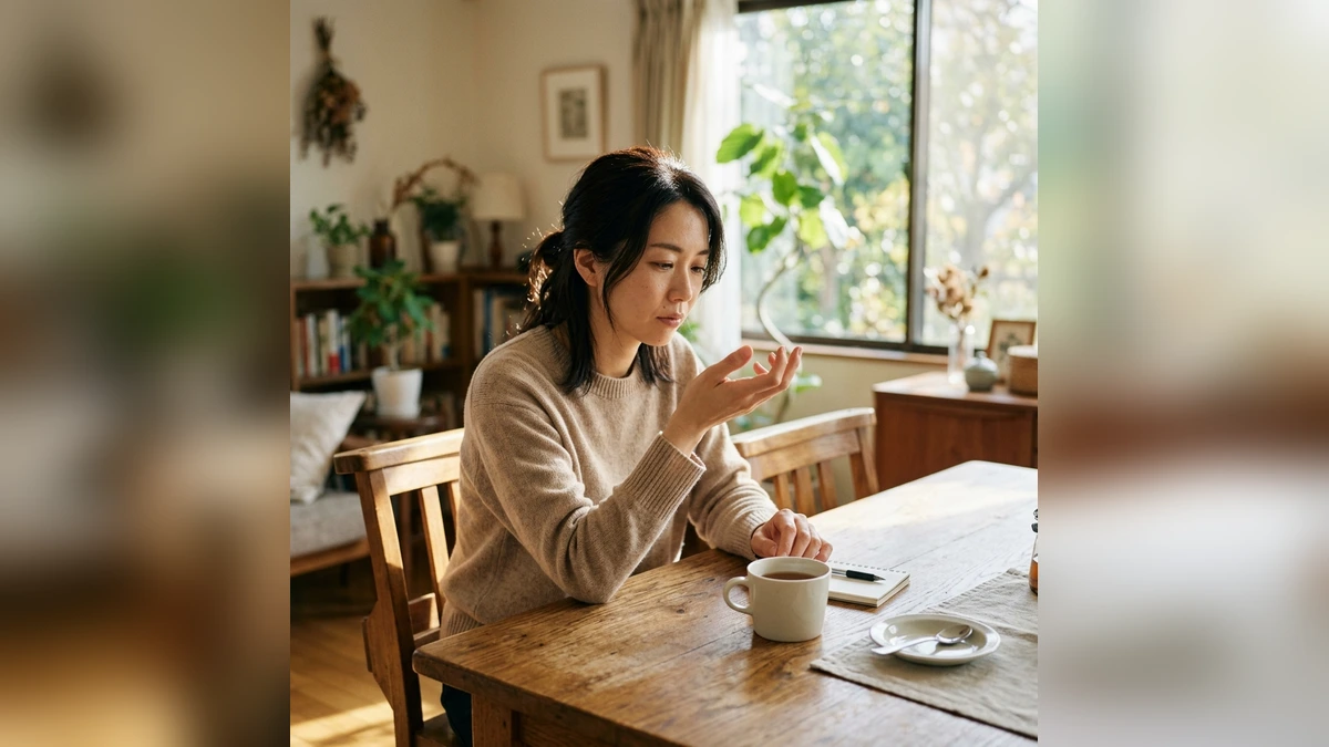 自分の手をじっと見つめて指先のしびれを気にする女性