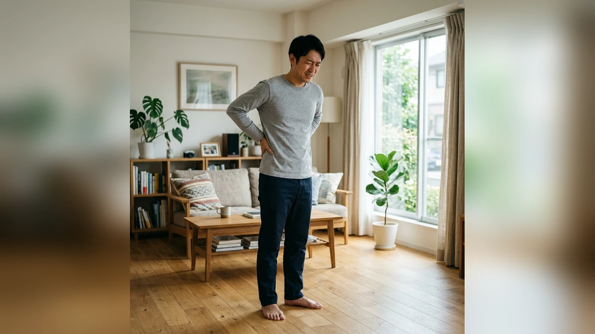 リビングで腰に手を当てて痛みに耐える日本人男性