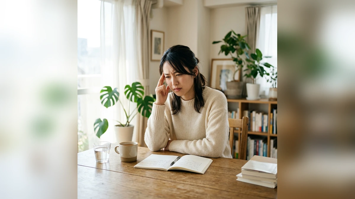 こめかみを押さえて頭痛の重さに耐える若い日本人女性